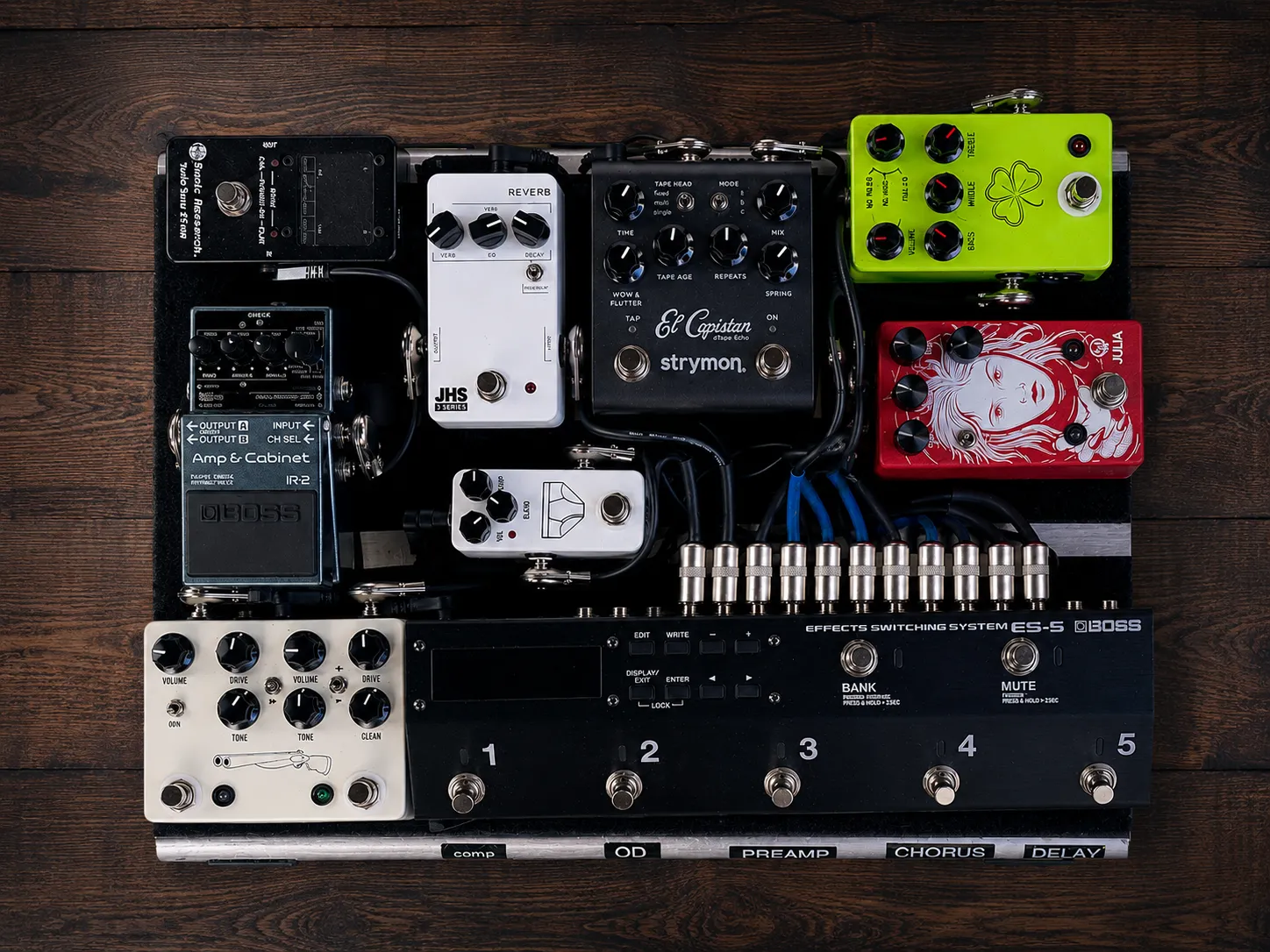 Mark Claiborne's worship guitar pedalboard, showing the full signal chain from overdrive through reverb routed via a Boss ES-5 switcher