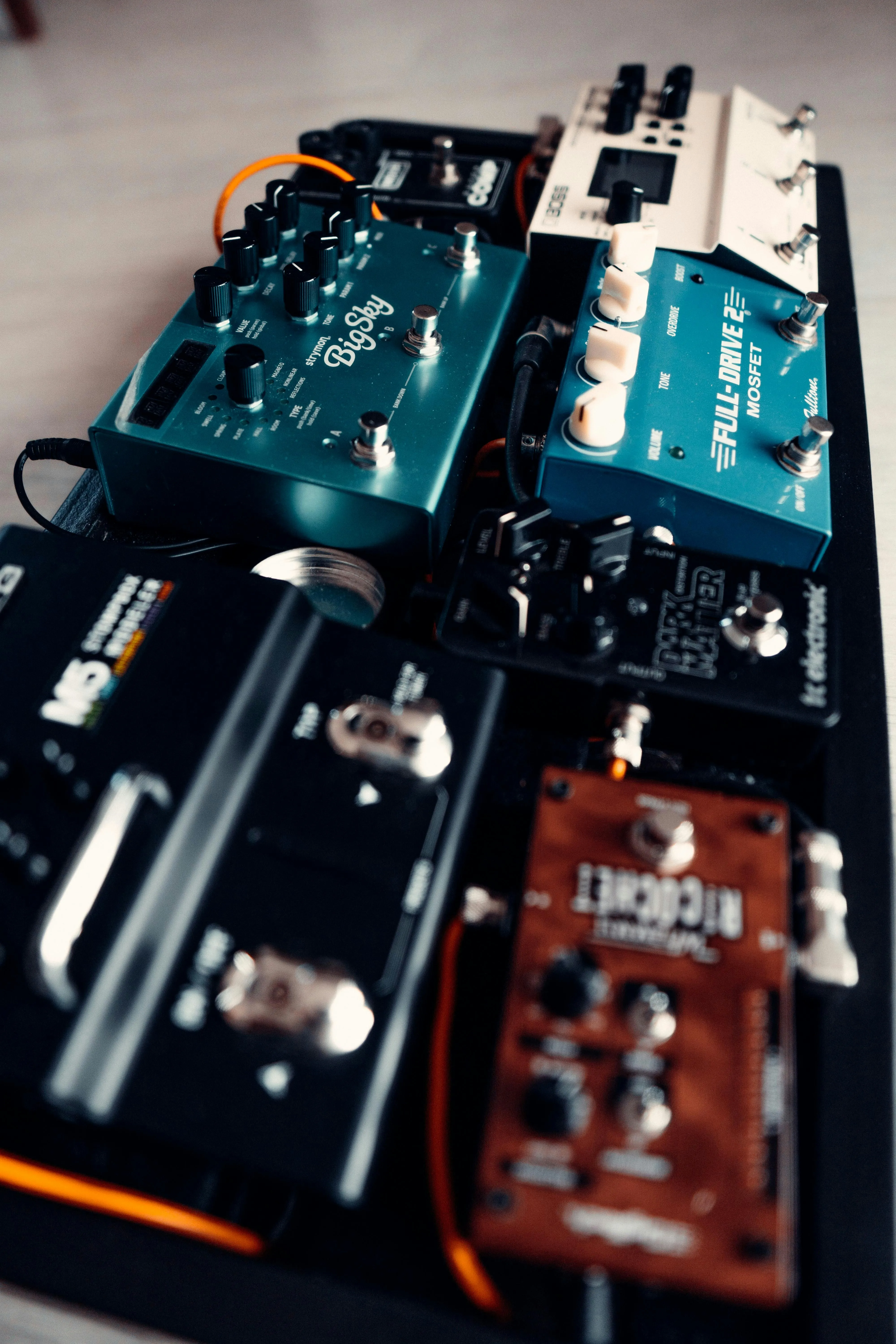 A worship guitarist's pedalboard set up before a Sunday service