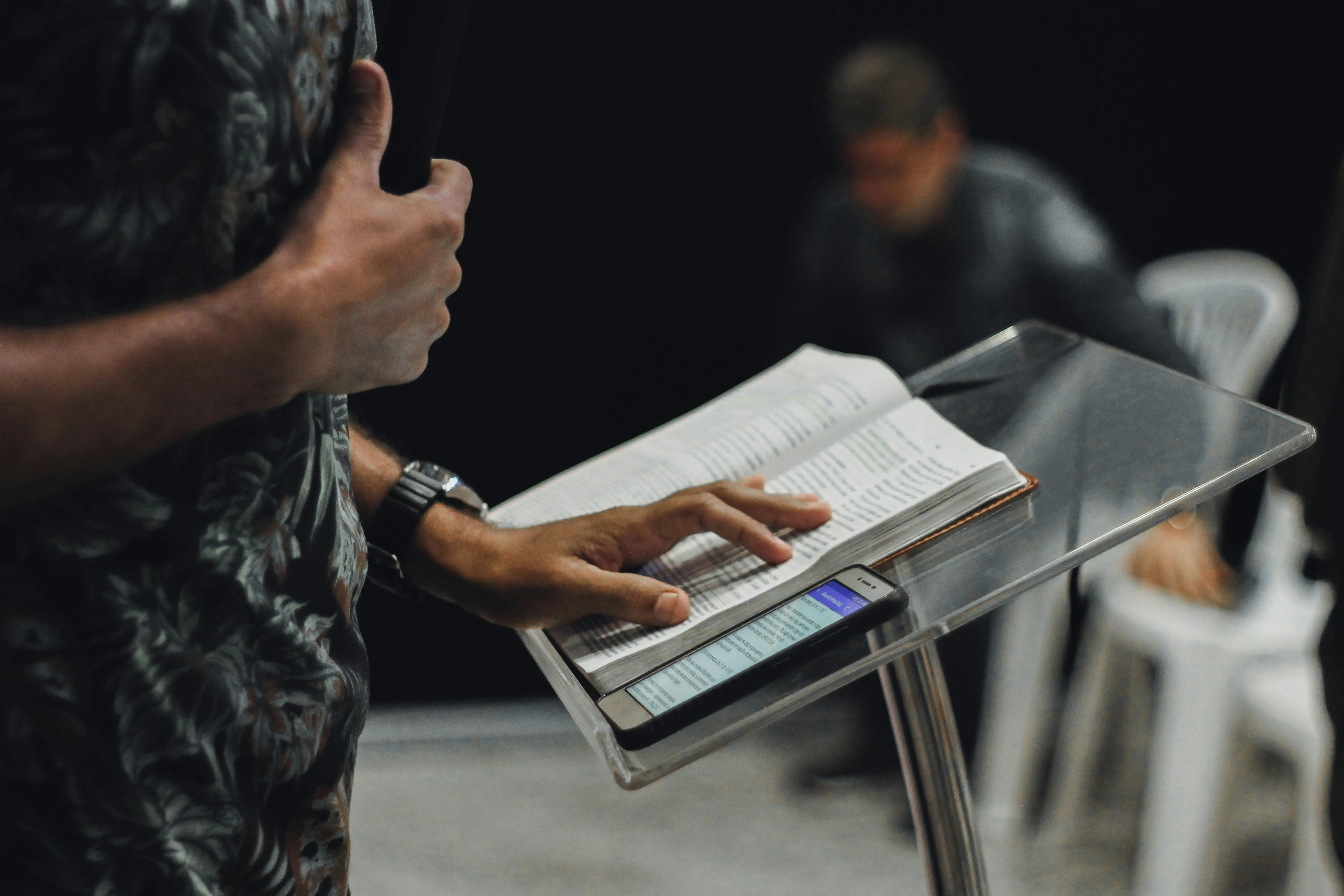 View from the pulpit looking out over an empty congregation — the worship leader's perspective