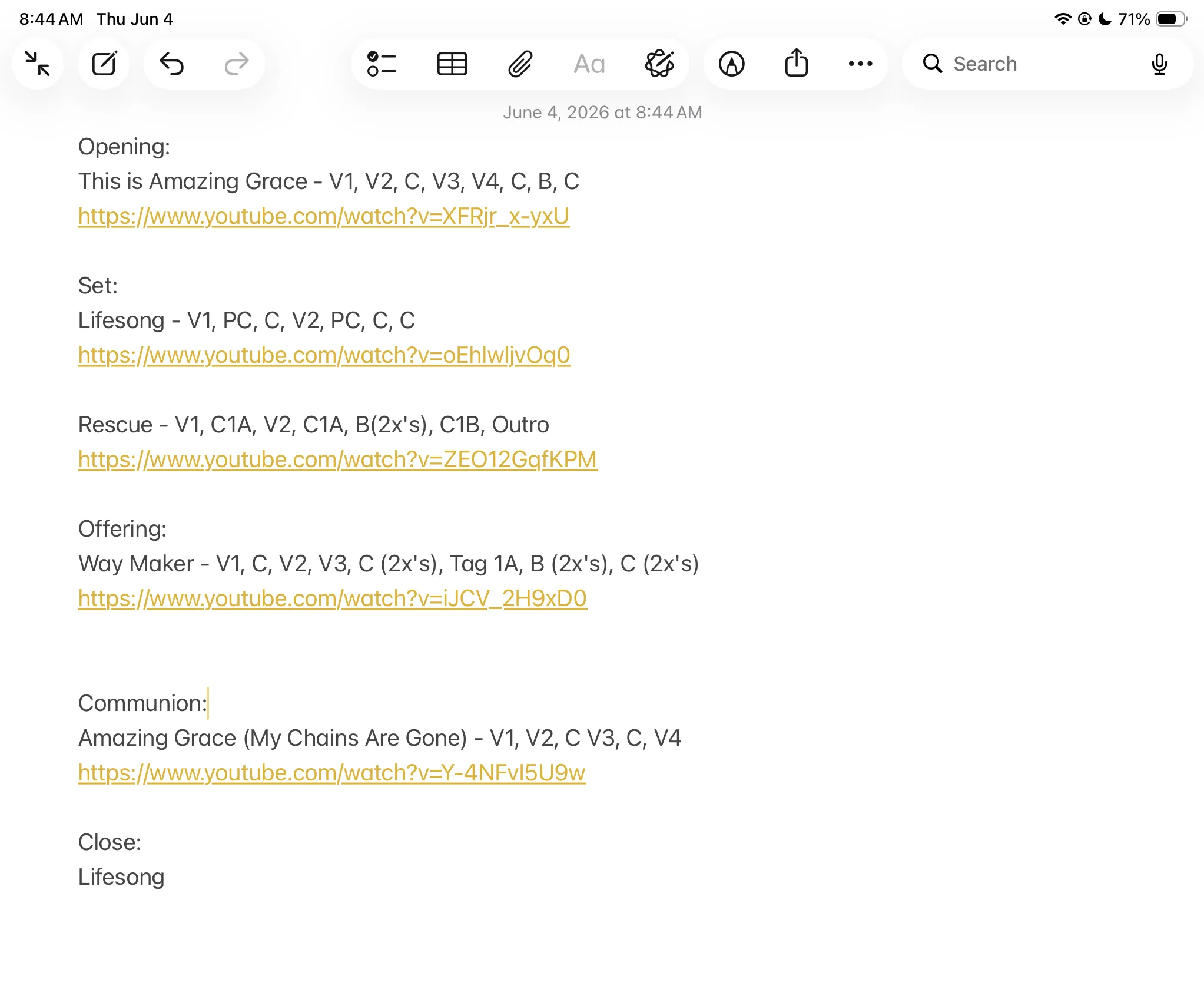 Apple Notes setlist template — the weekly starting point