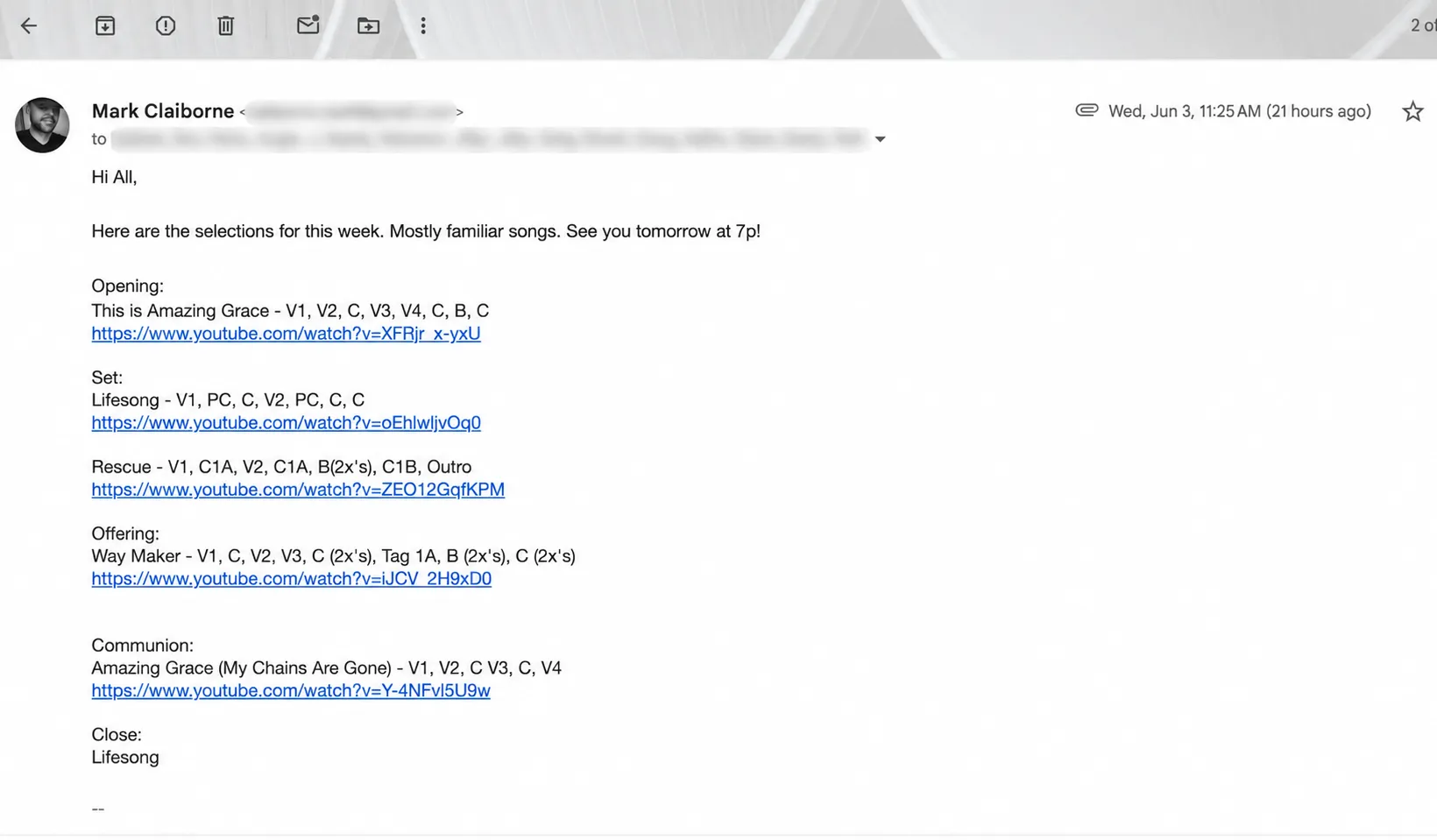 The Wednesday email to the group — songs, links, and PDF