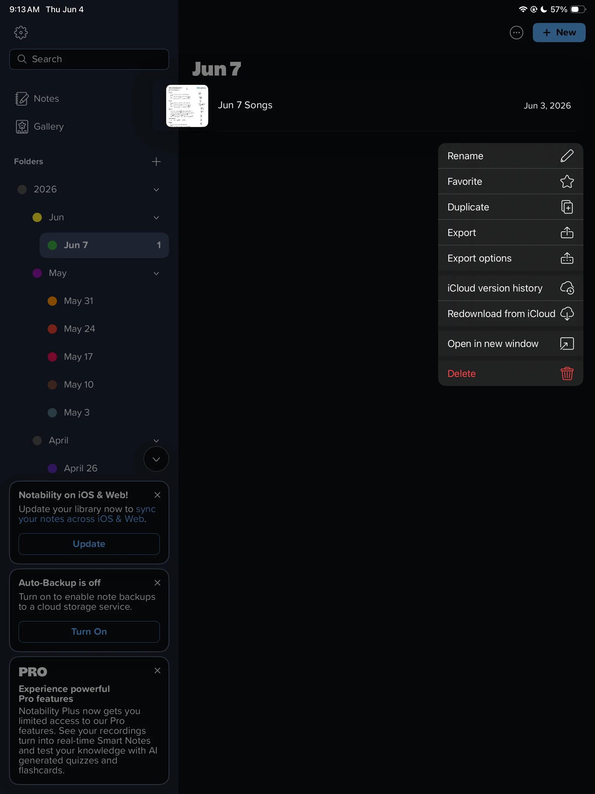 SongBook Pro — exporting from the setlist (use the 3-dot menu on the left)