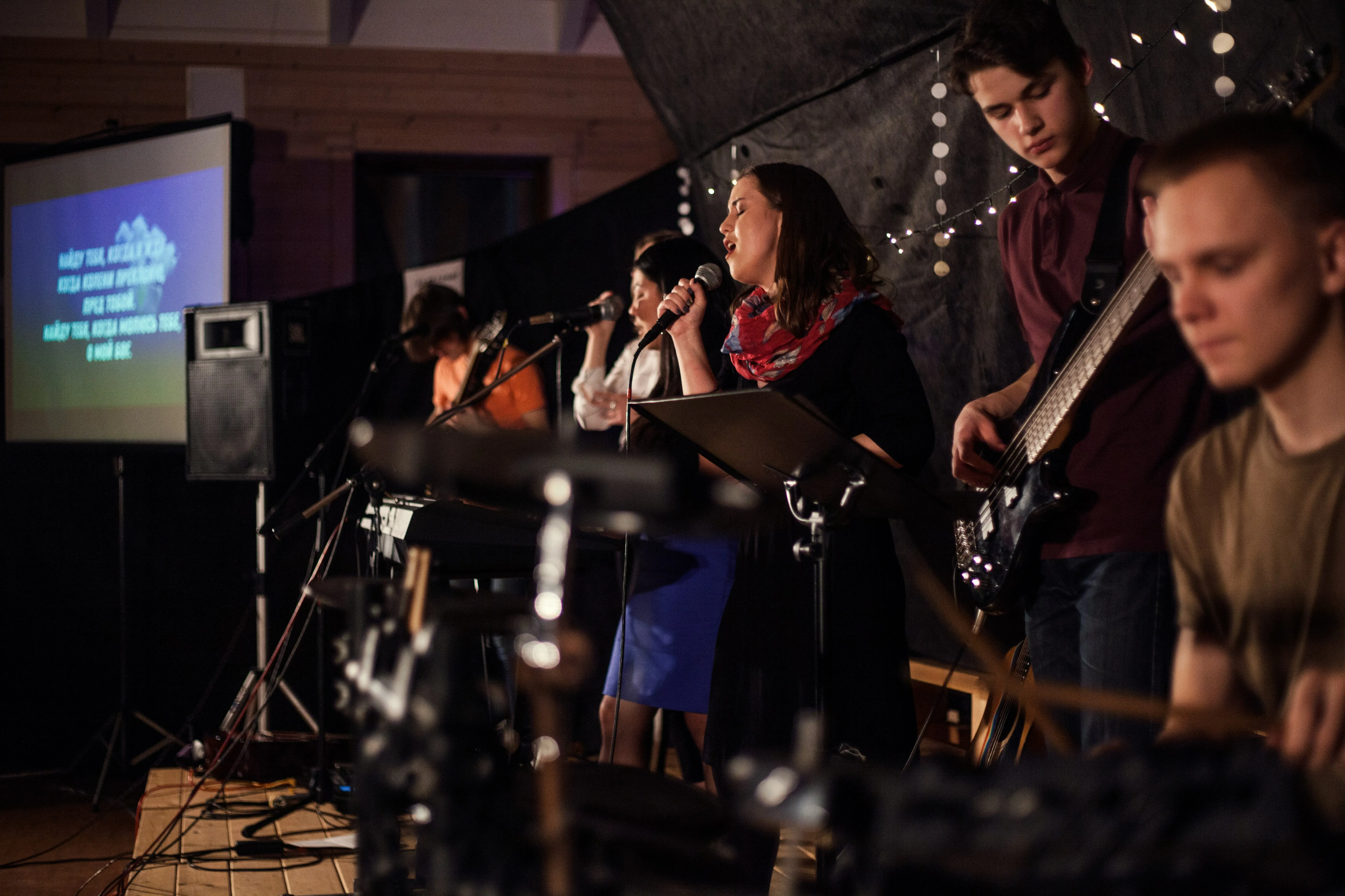 A worship band setup on stage — the full-band sound Fred Hammond's records had that most small churches struggle to reproduce live